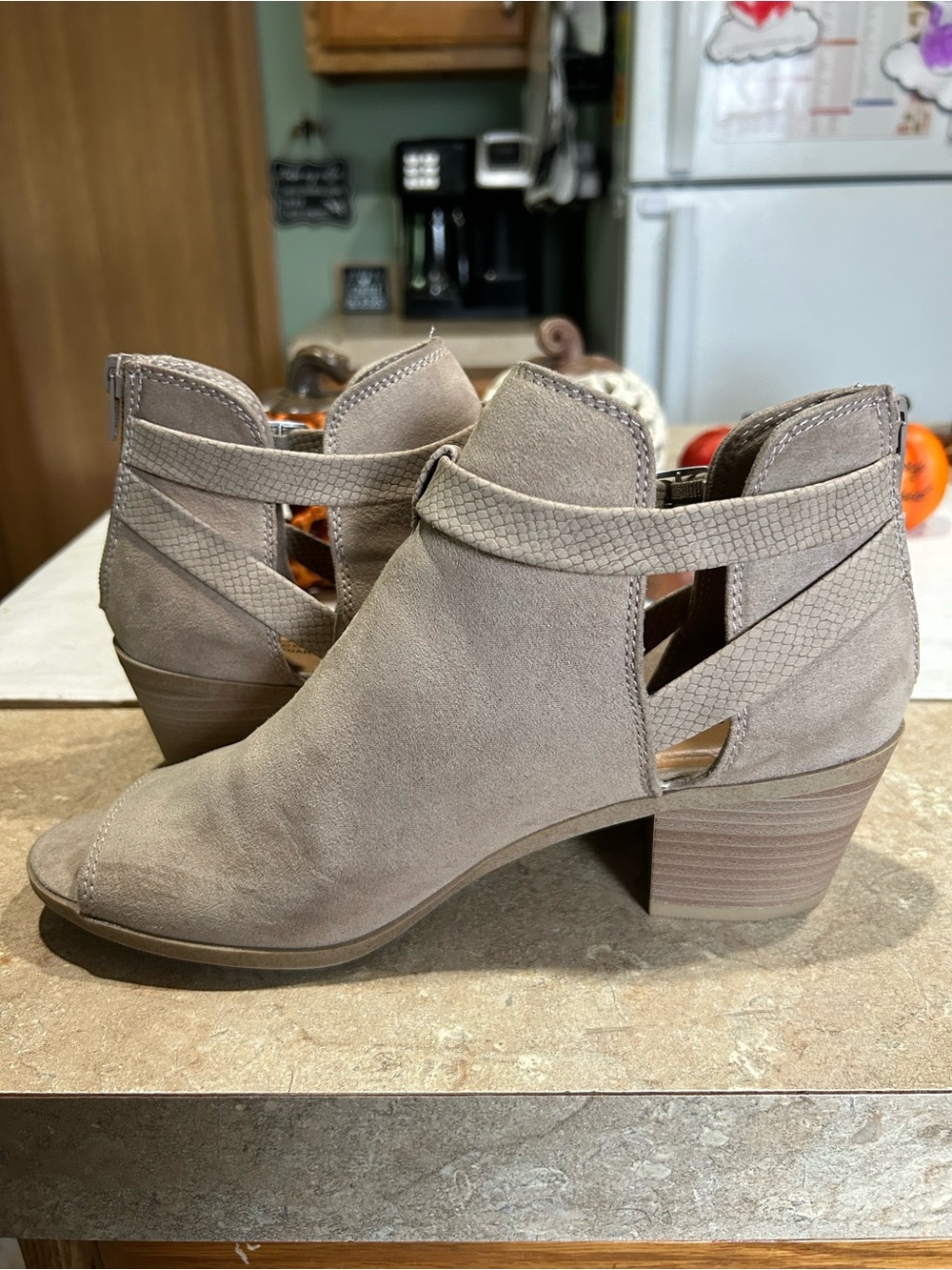 Arizona Jean Company Taupe Suede Cutout Open-Toe Ankle Booties